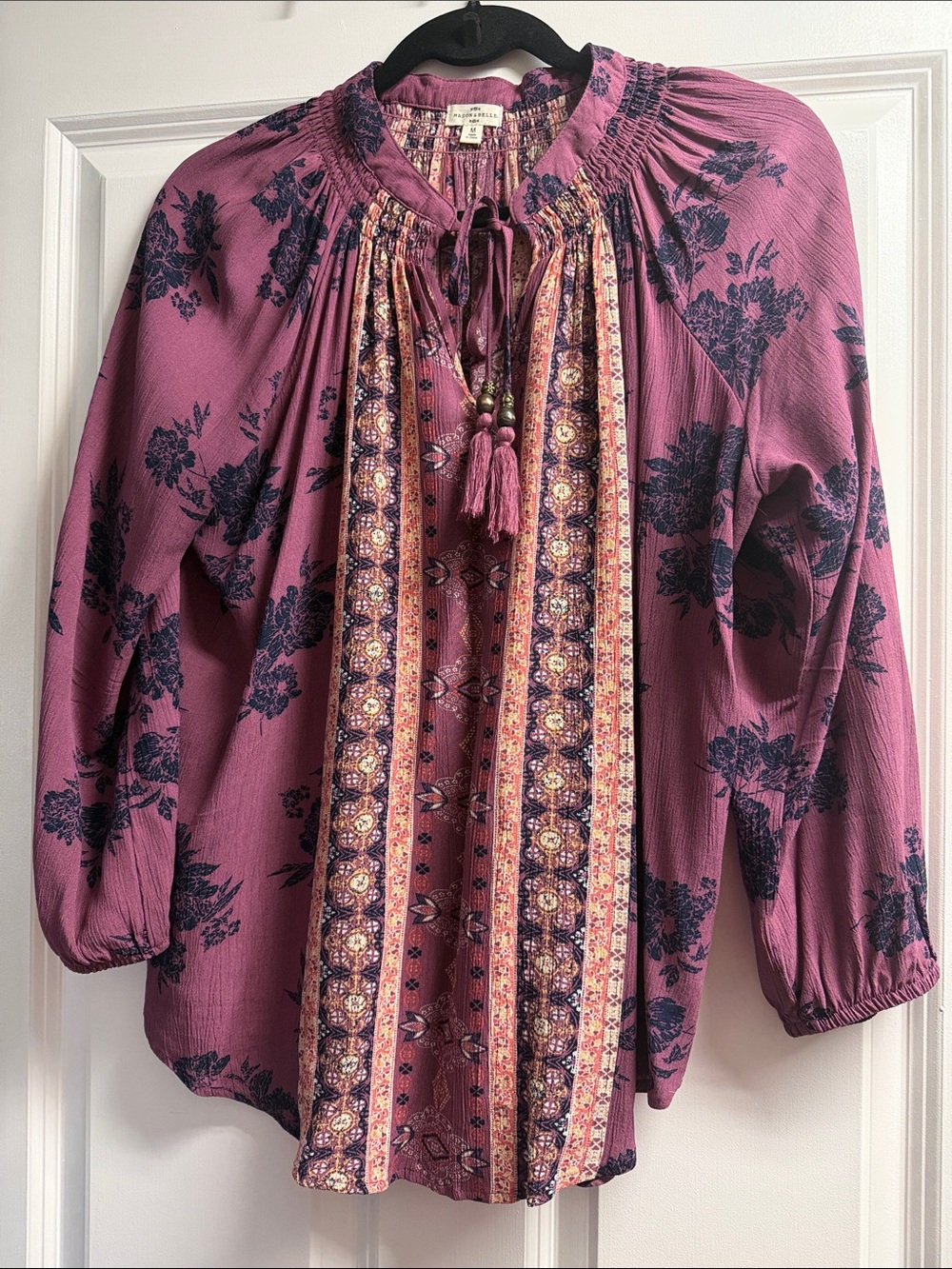 Stitch fix Mason & Belle Boho Tie-Neck Blouse in Plum with Navy Print